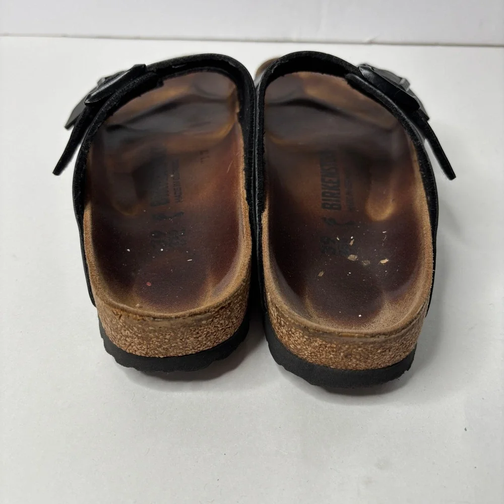 Birkenstock FLAWED Arizona Black Birko-Flor Double Strap Cork Slide Sandals 39 8